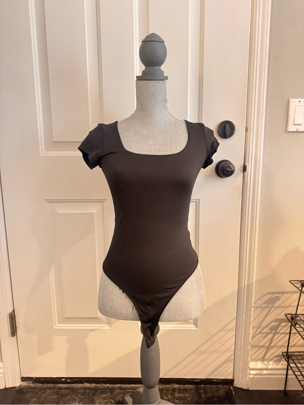 Square Neck Black Short-Sleeve Women's Bodysuit